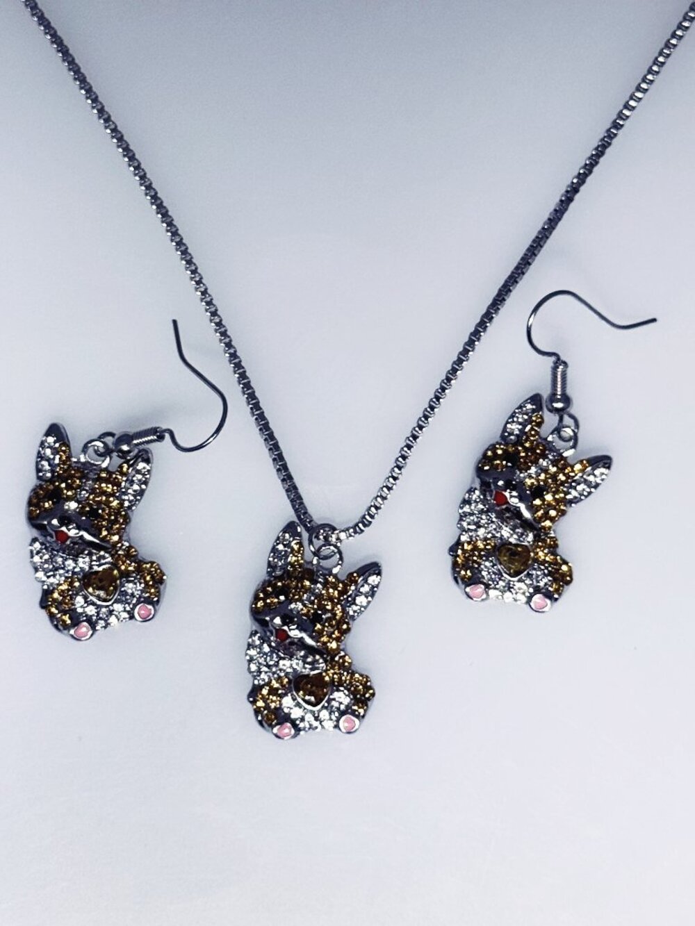 Playful Corgi dog pendant necklace, earring set, silver tone, rhinestones, NWOT